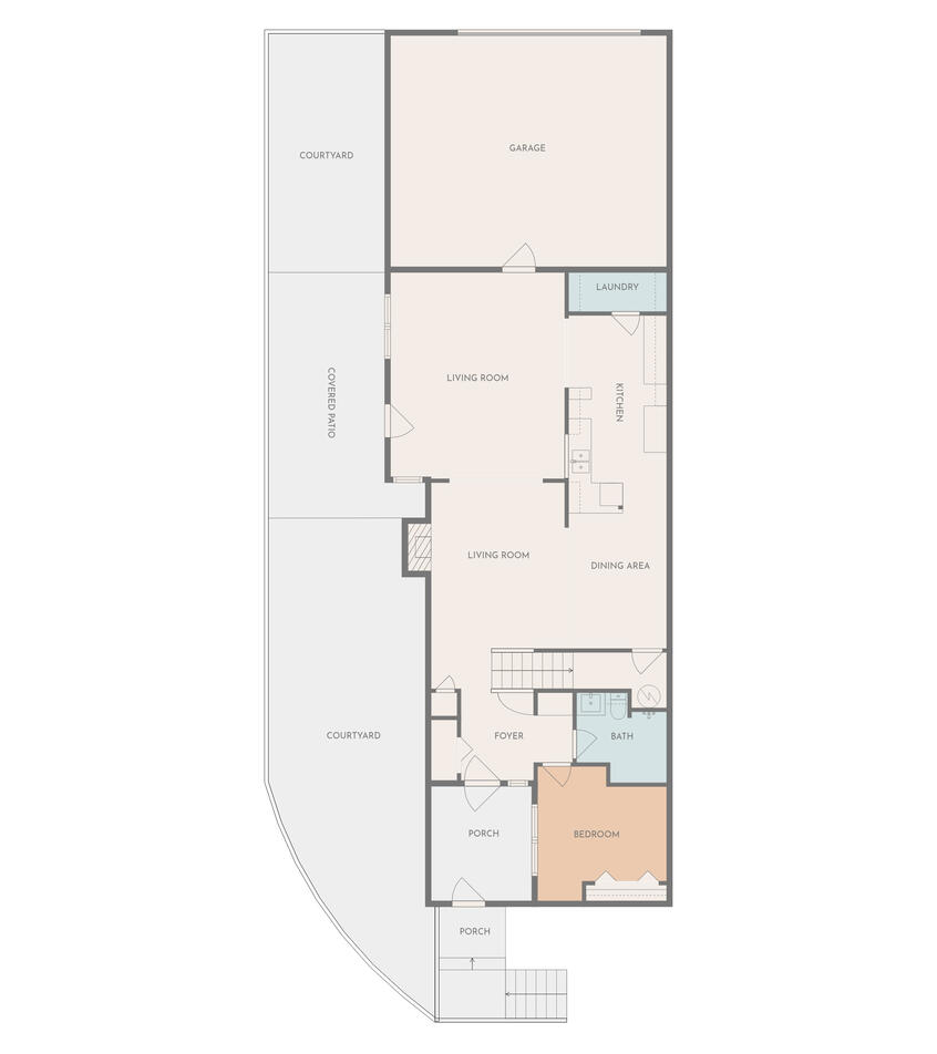 Floor plan for the first story, Courtyard, Foyer, Bedroom, Bathroom, Main living area, Stairs, Dining area, Kitchen, Laundry room, second living area, Garage, Covered Patio and yard are shown